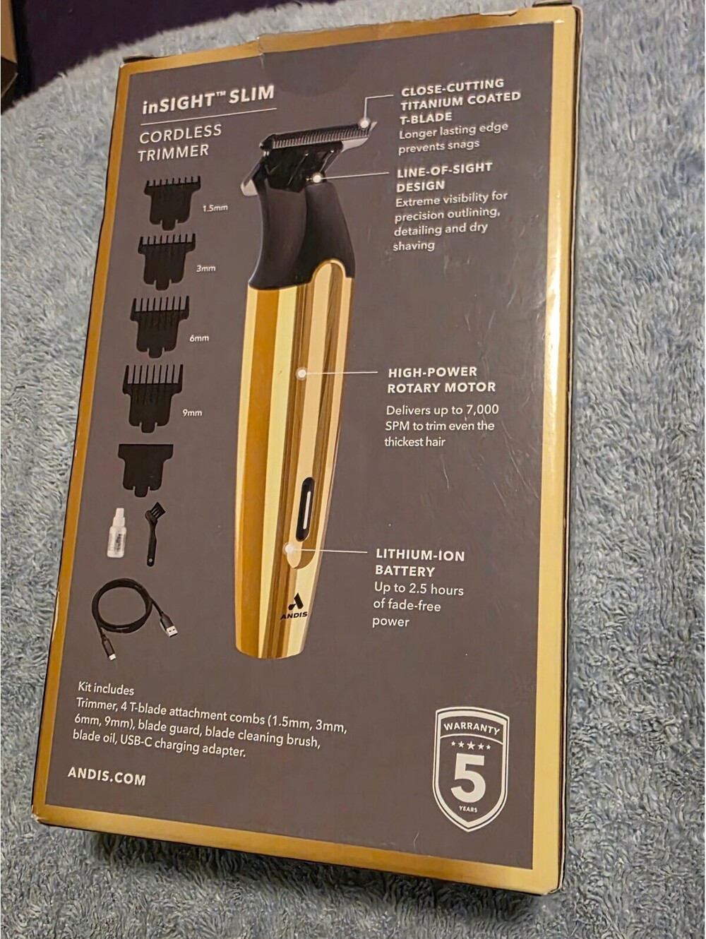 Andis inSIGHT Slim Cordless Trimmer with Titanium T-Blade, 4 Attachment Combs, 5